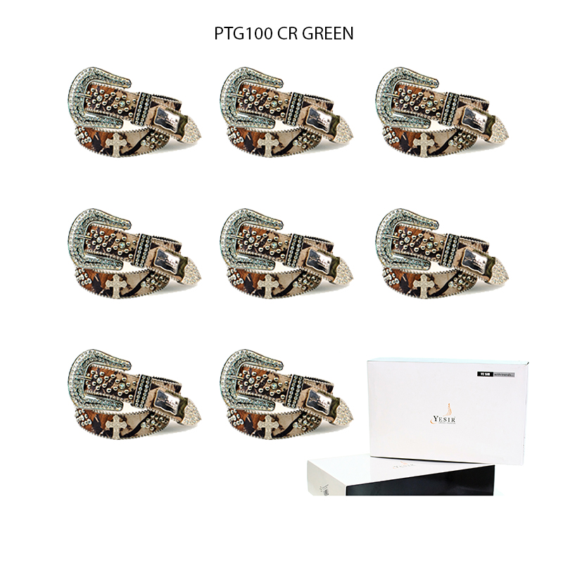 8-Pack Green Cross Rhinestone Studded Belt Close Out - PTG100 - Click Image to Close
